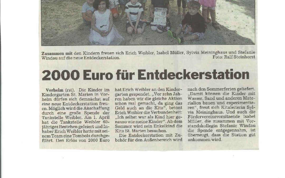 2000 Euro für Entdeckerstation | Tombolaerlös 60 jähriges Jubiläum Erich Weibler